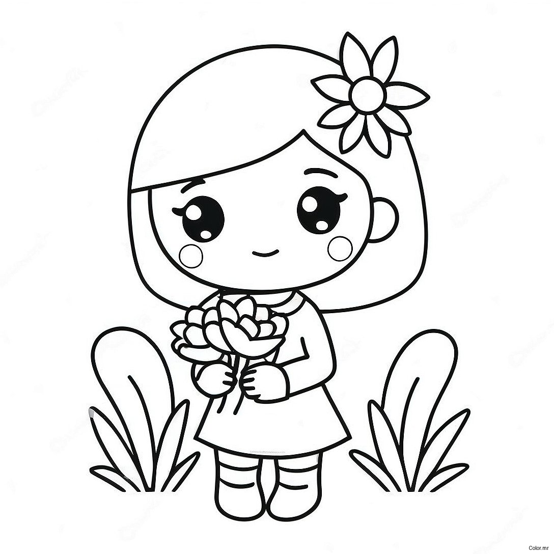 Adorable Kawaii Girl Holding Flowers Coloring Page 37426 31157