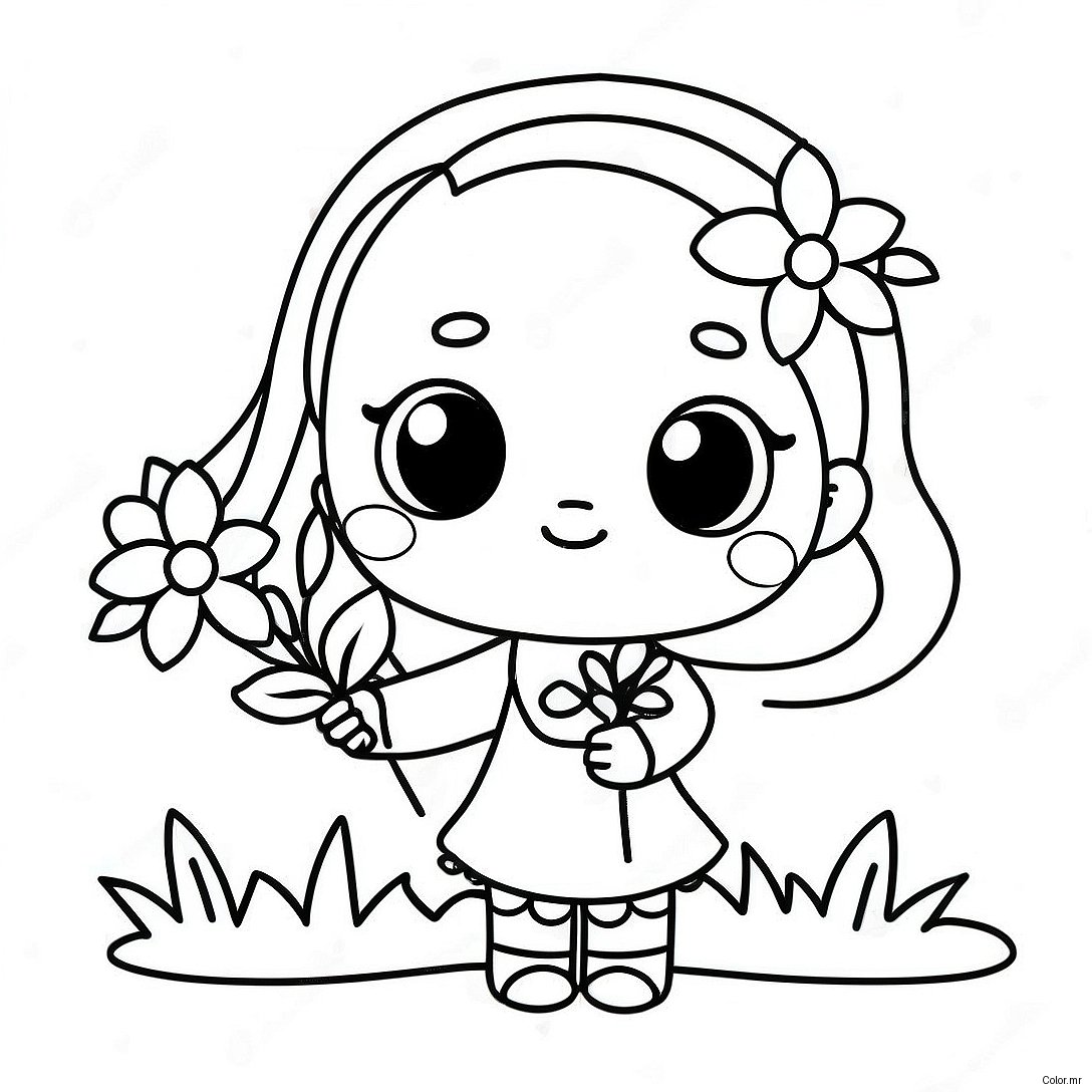 Adorable Kawaii Girl Holding Flowers Coloring Page 37426 31159