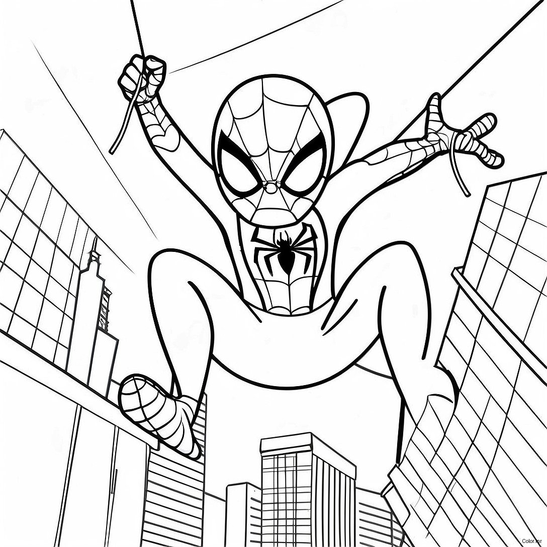Adorable Spiderman Swinging Through The City Coloring Page 9287 7587