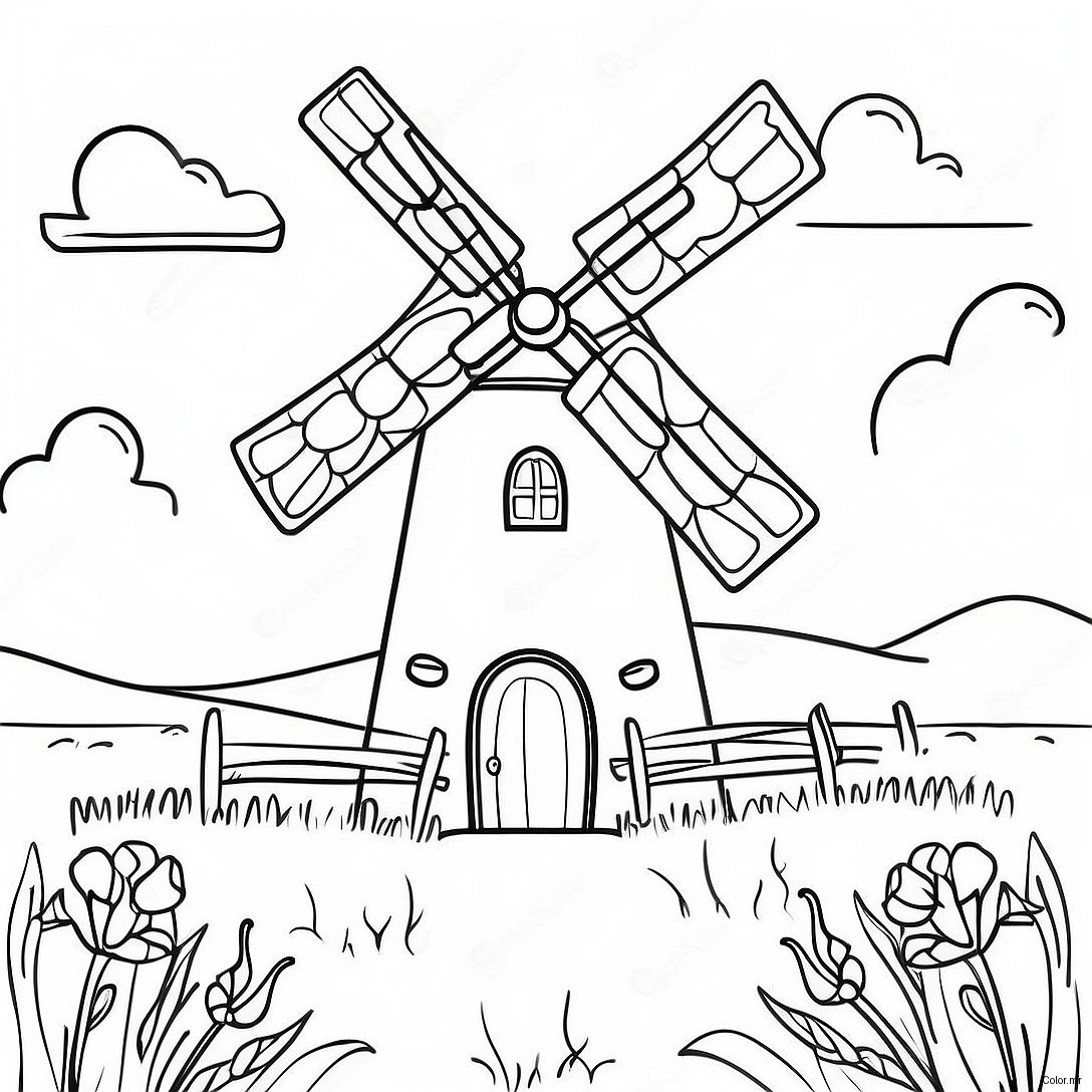 Charming Windmill In A Meadow Coloring Page 41029 33973