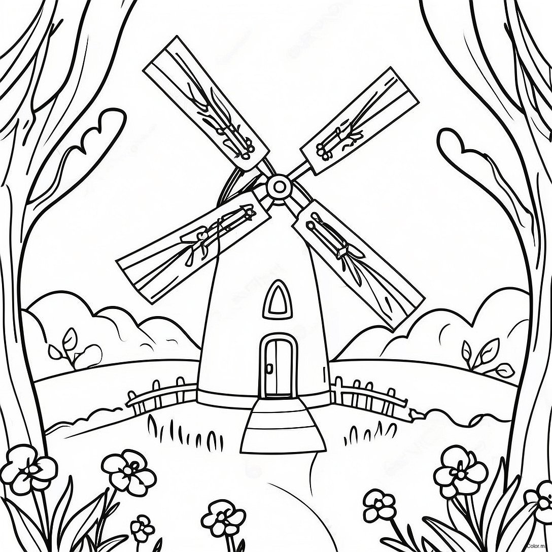Charming Windmill In A Meadow Coloring Page 41029 33974