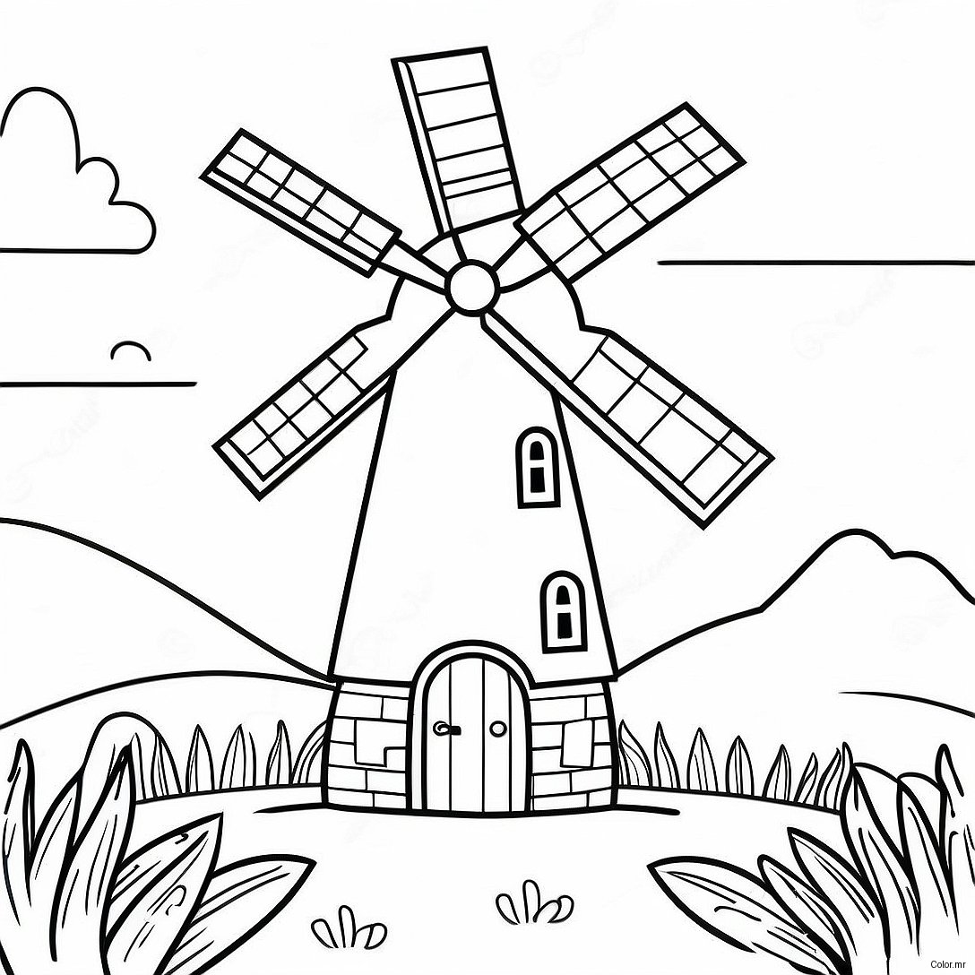 Charming Windmill In A Meadow Coloring Page 41029 34083