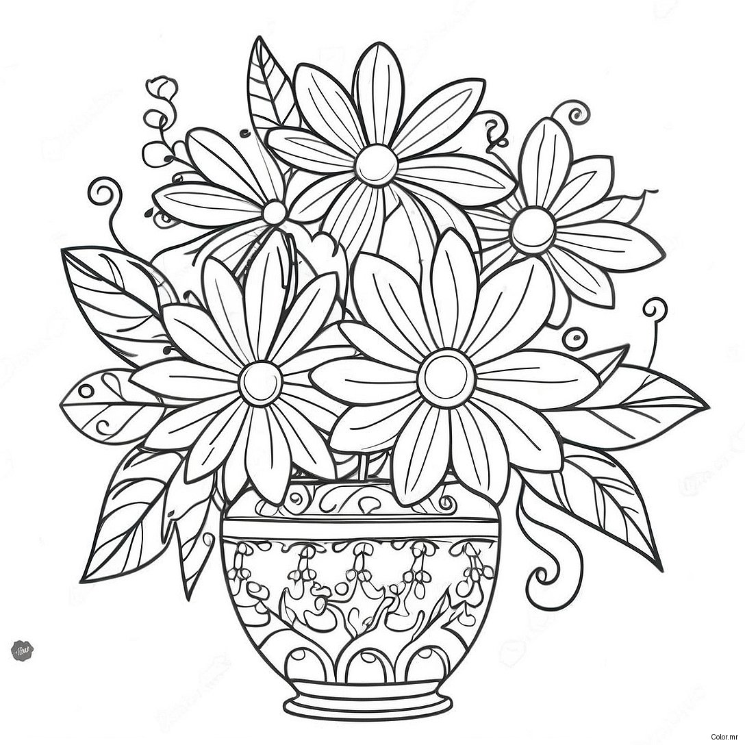 Colorful Flowers In A Decorative Vase Coloring Page 38117 31706
