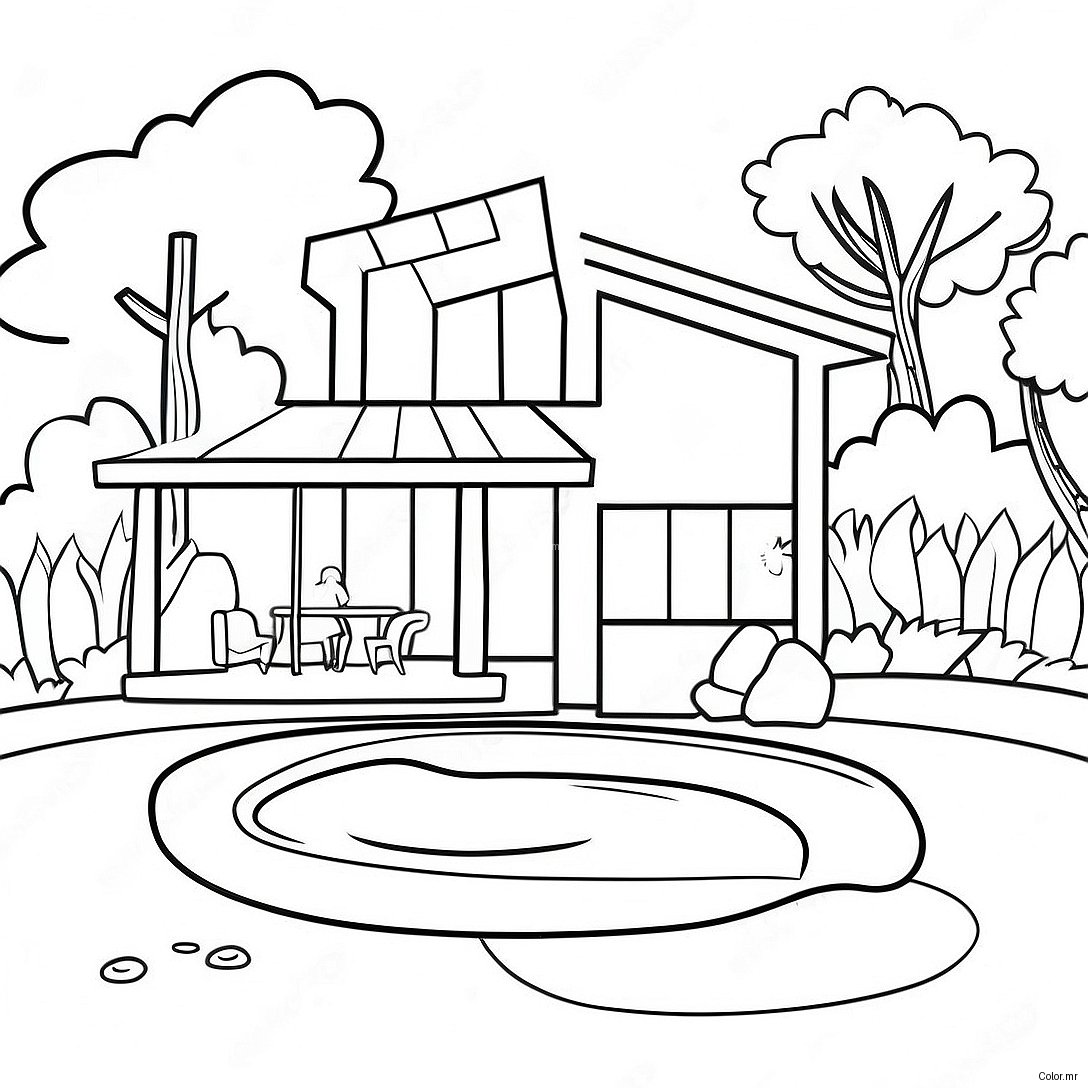 Cozy House With Backyard Pool Coloring Page 49065 40742