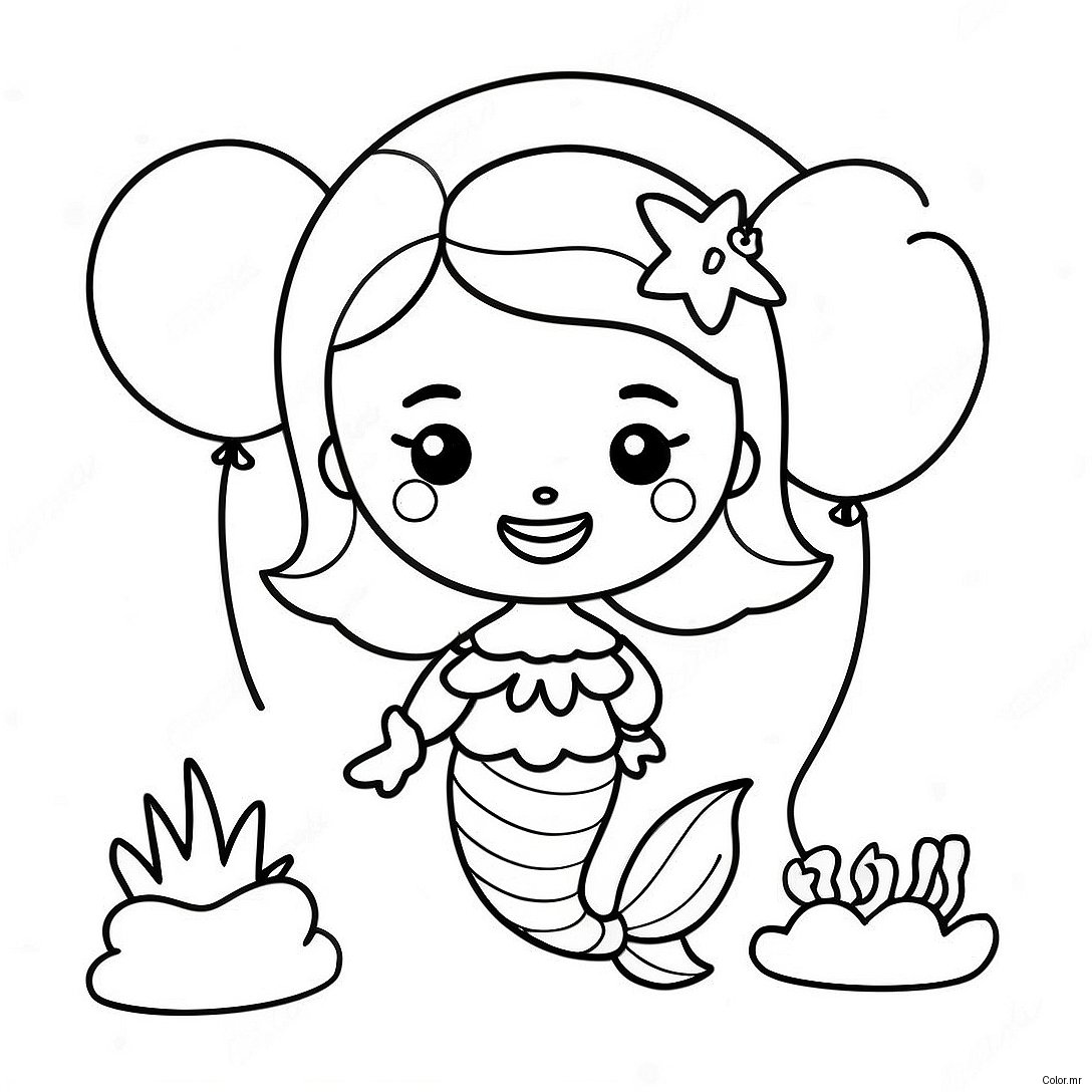 Cute Birthday Mermaid With Balloons Coloring Page 39438 32735