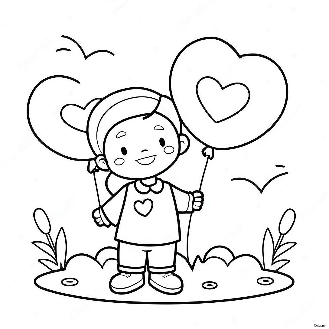 Cute Boy With Heart Balloons Coloring Page 9397 7674