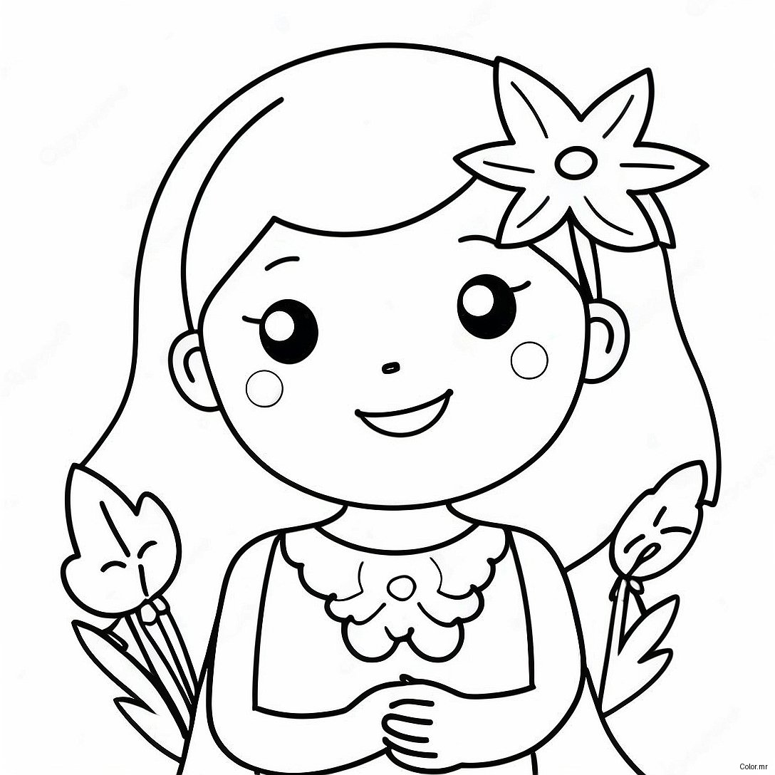 Cute Cartoon Girl With Flowers Coloring Page 57435 47745