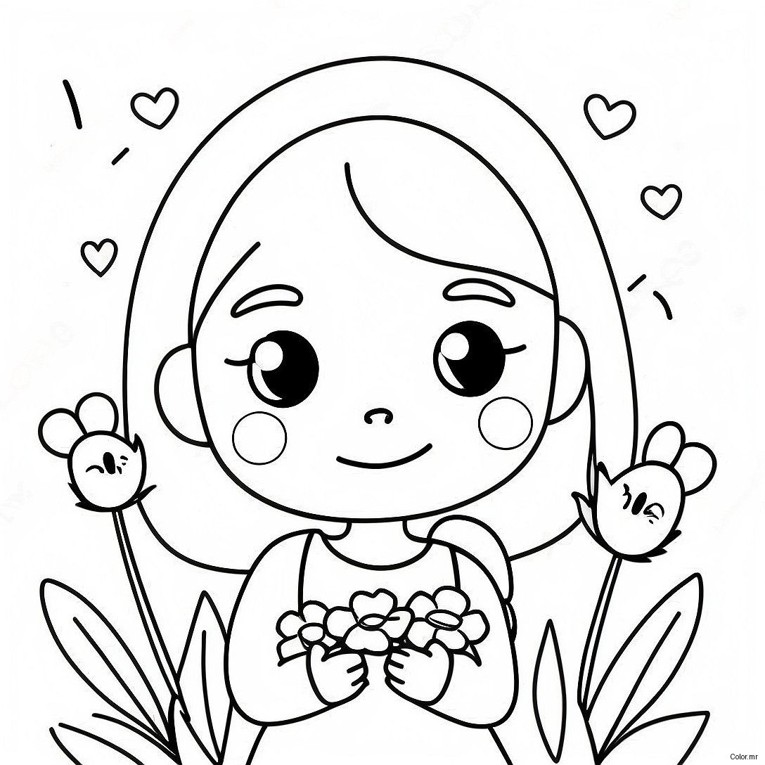 Cute Cartoon Girl With Flowers Coloring Page 57435 47747