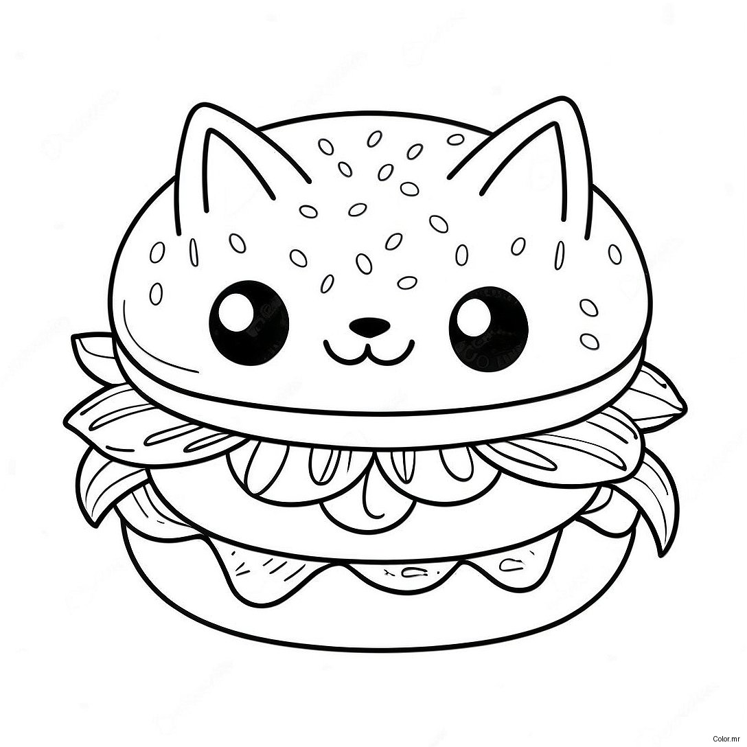 Cute Cat Burger With Whiskers Coloring Page 68553 56530