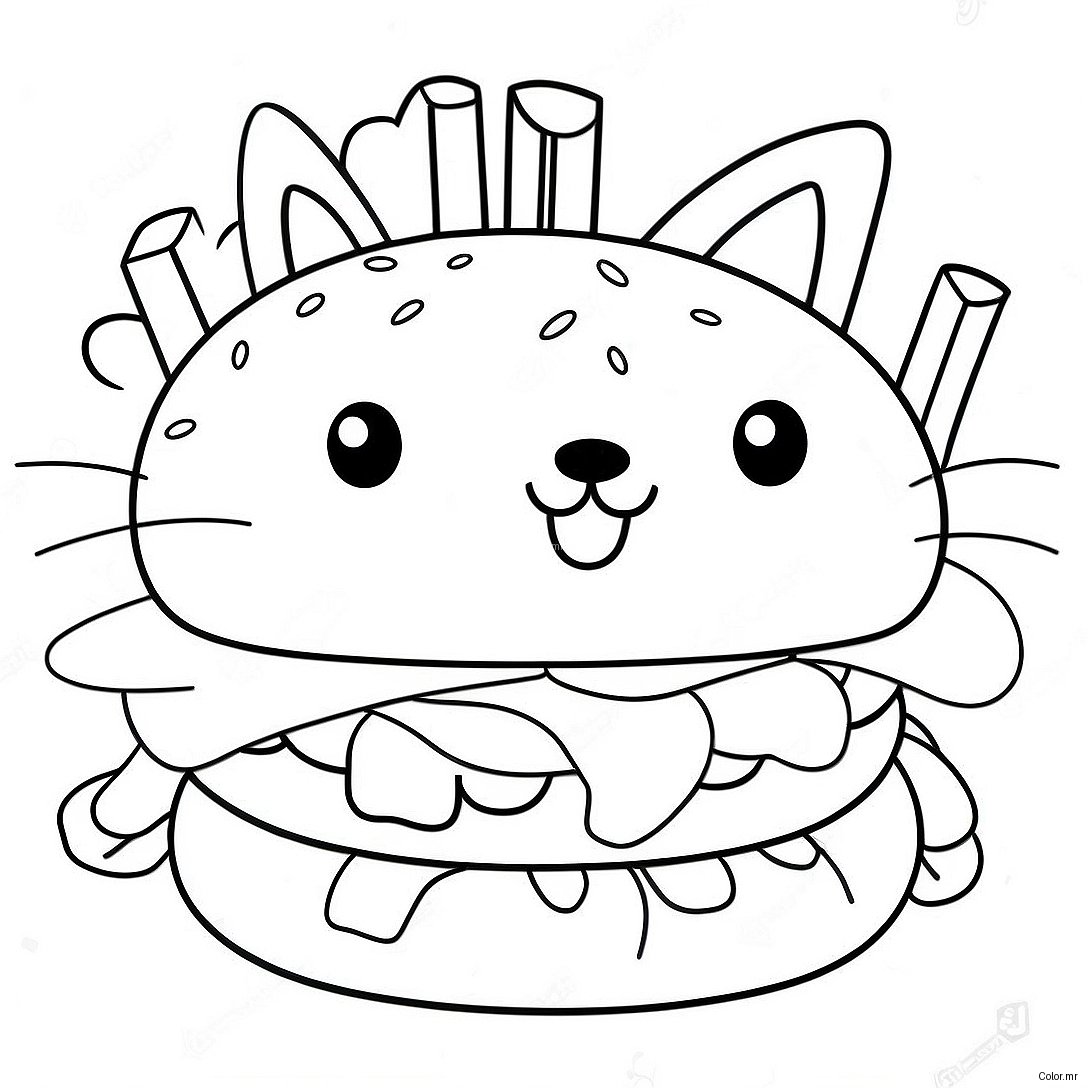 Cute Cat Burger With Whiskers Coloring Page 68553 56532