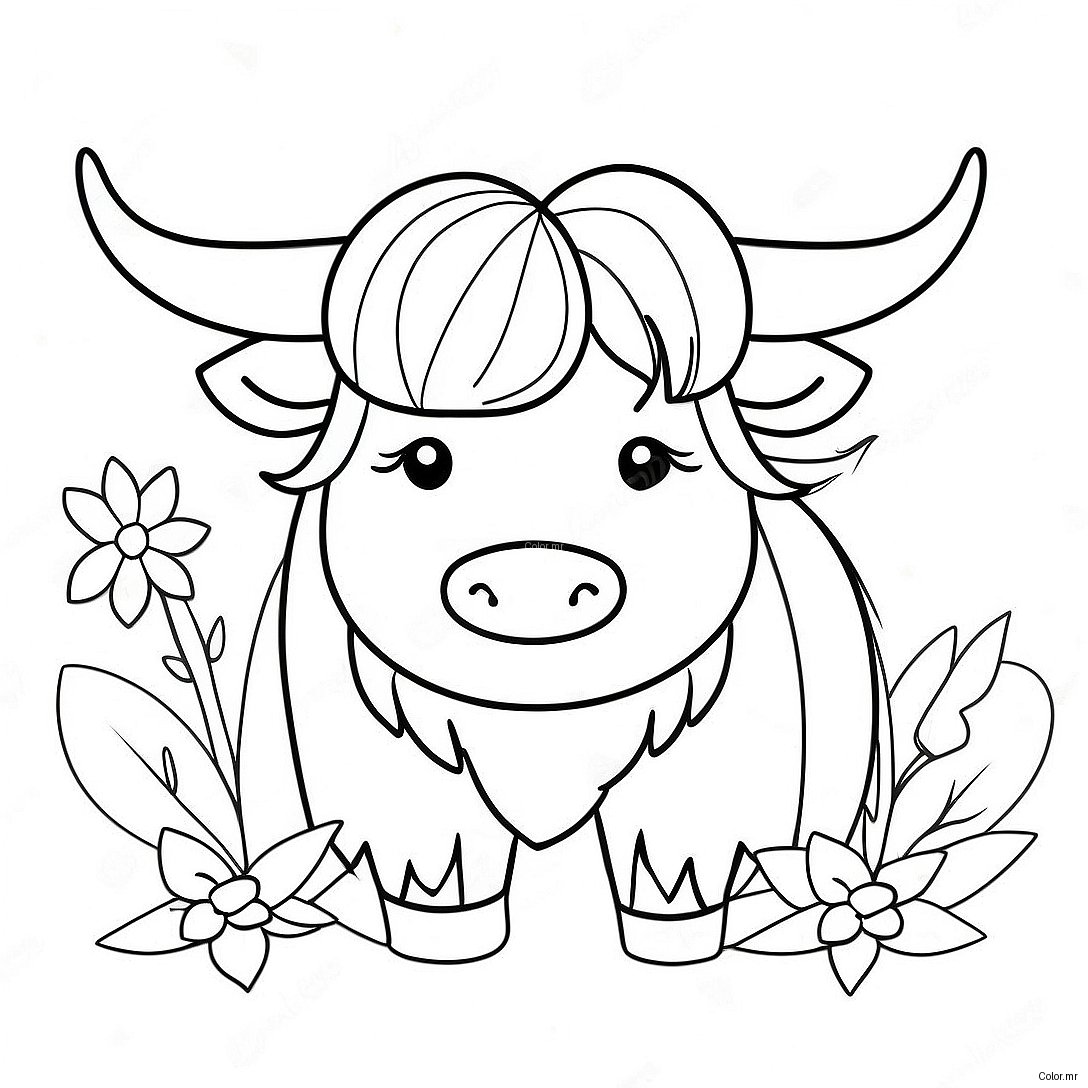 Cute Highland Cow With Flowers Coloring Page 17515 14708