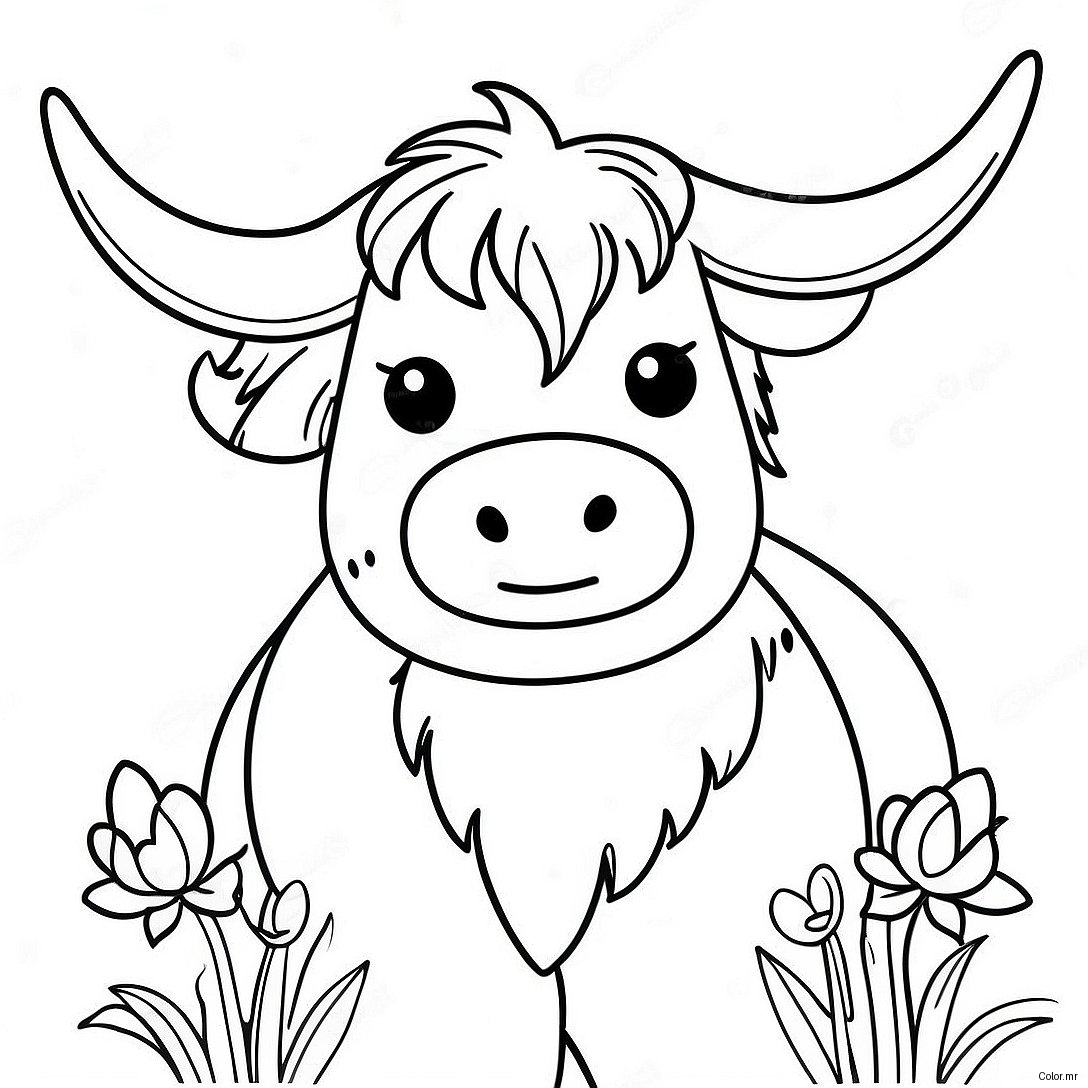 Cute Highland Cow With Flowers Coloring Page 62608 51854