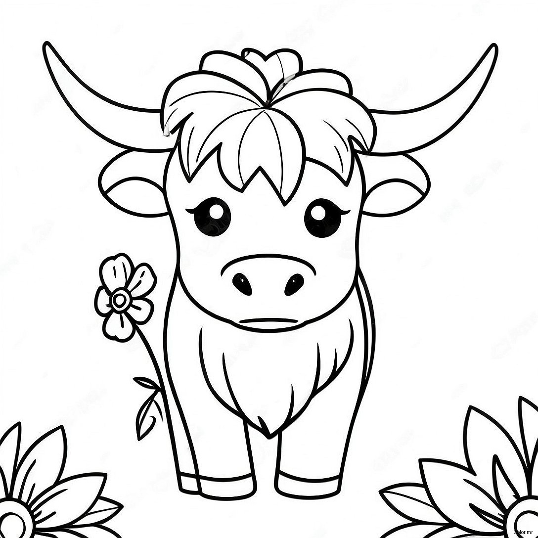 Cute Highland Cow With Flowers Coloring Page 62608 51855