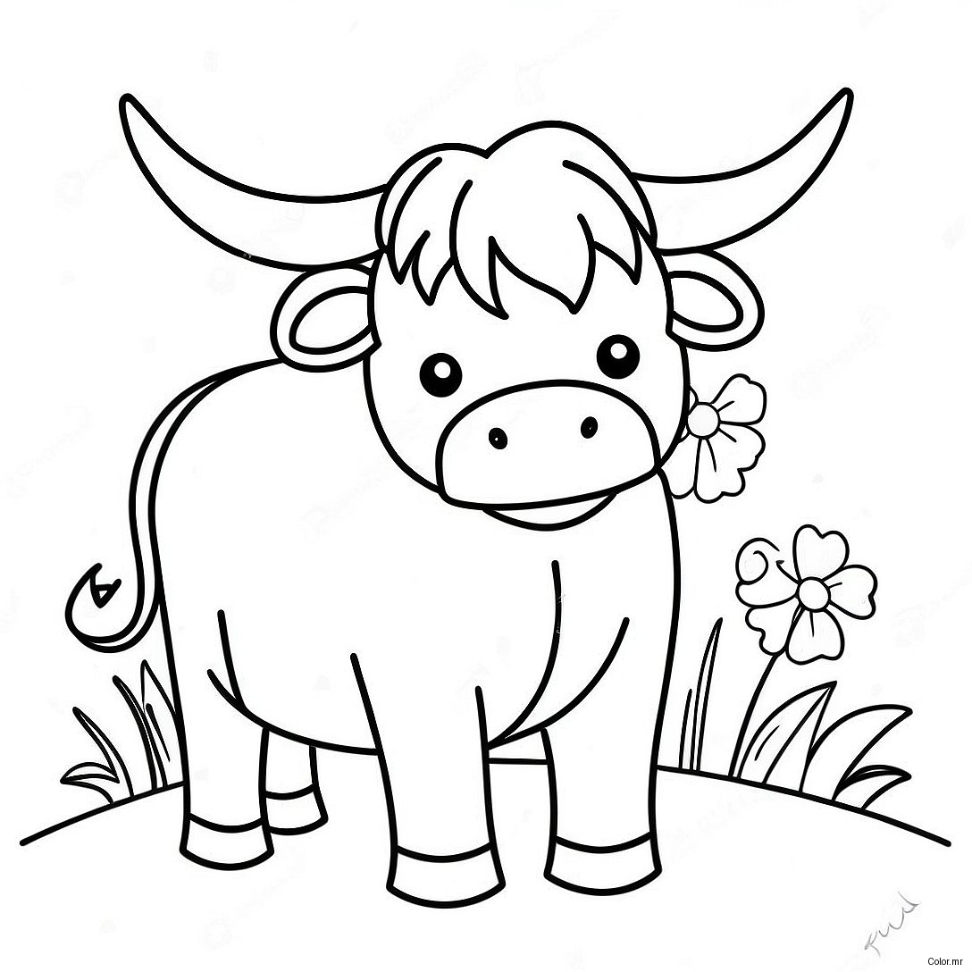 Cute Highland Cow With Flowers Coloring Page 62608 51856
