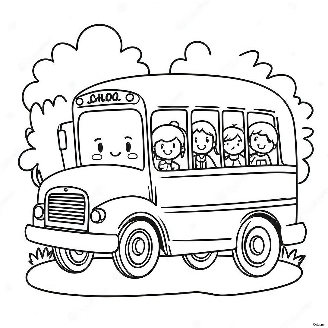 Cute School Bus With Happy Kids Coloring Page 9977 8205