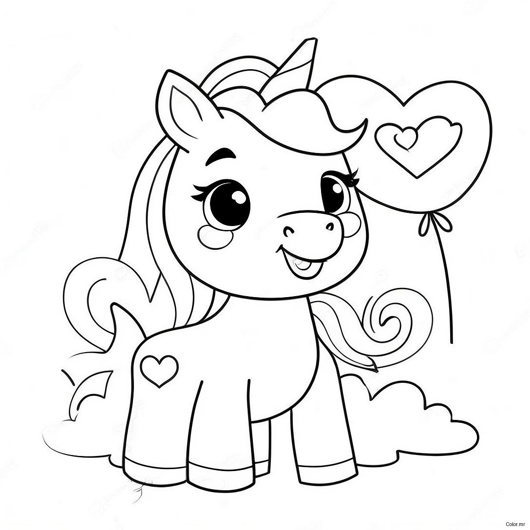 Cute Unicorn With Heart Balloons Coloring Page 47534 39542