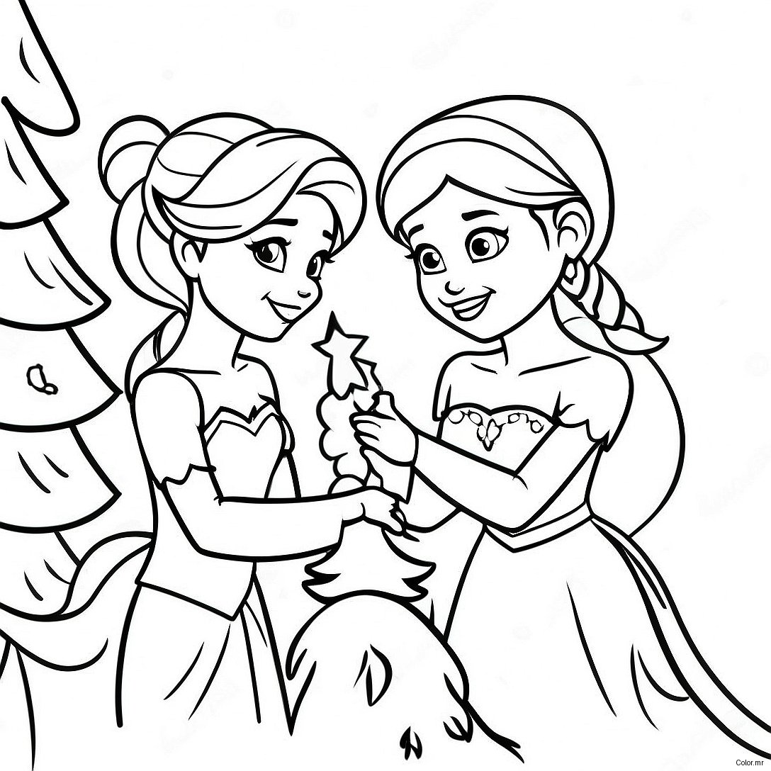 Elsa And Anna Decorating A Christmas Tree Coloring Page 8336 6764