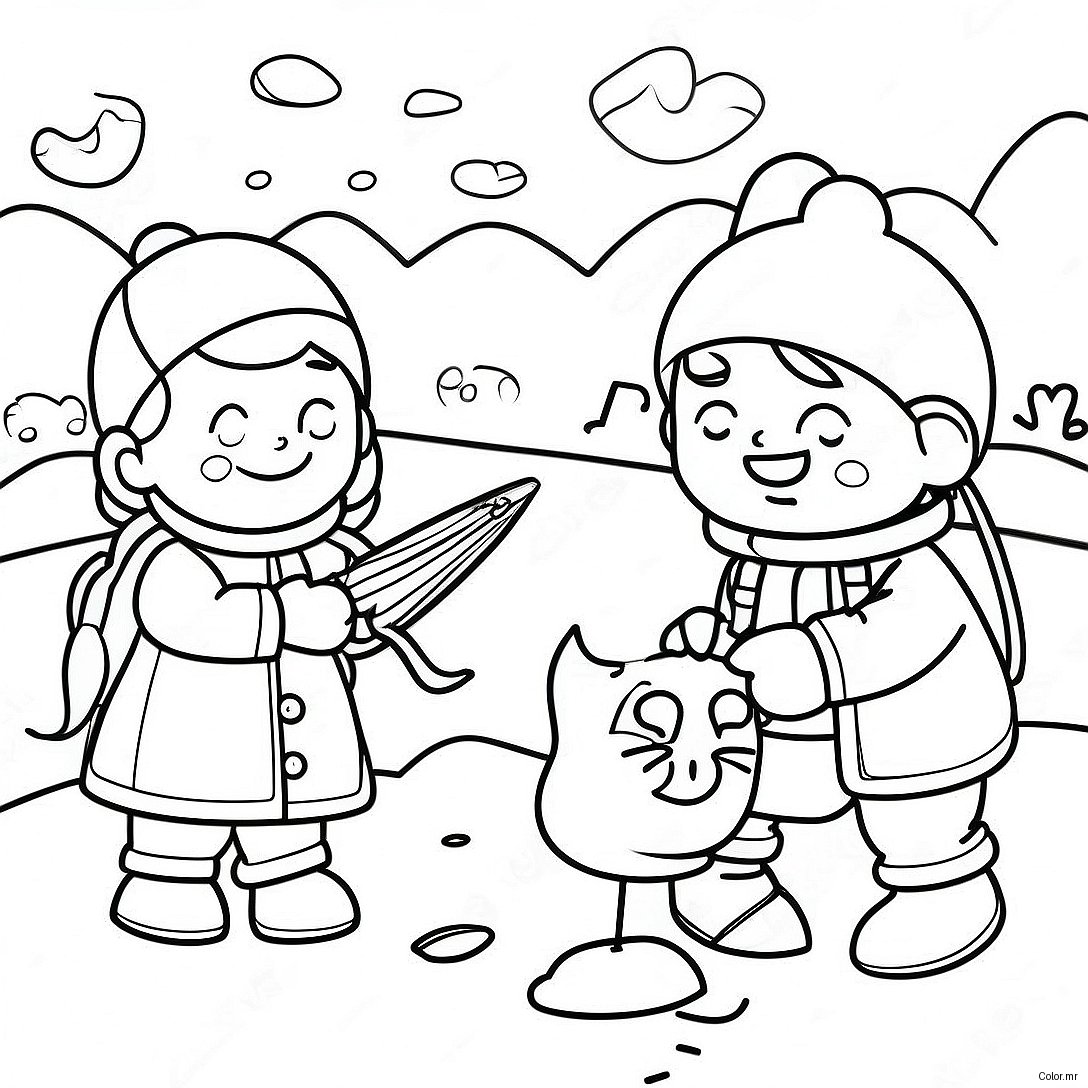 Ice Fishing Scene With Happy Kids Coloring Page 52616 43764