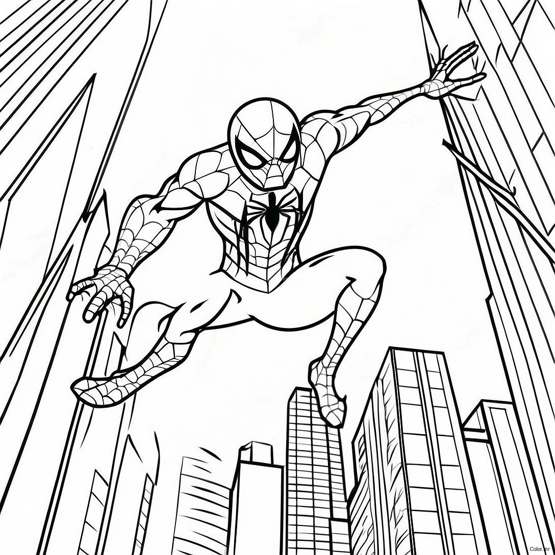 Iron Spider Swinging Through City Coloring Page 29207 26383