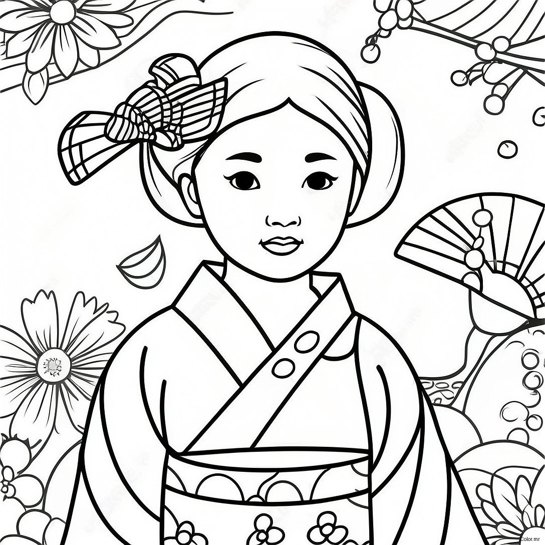 Japanese Girl In Traditional Kimono Coloring Page 49024 40717