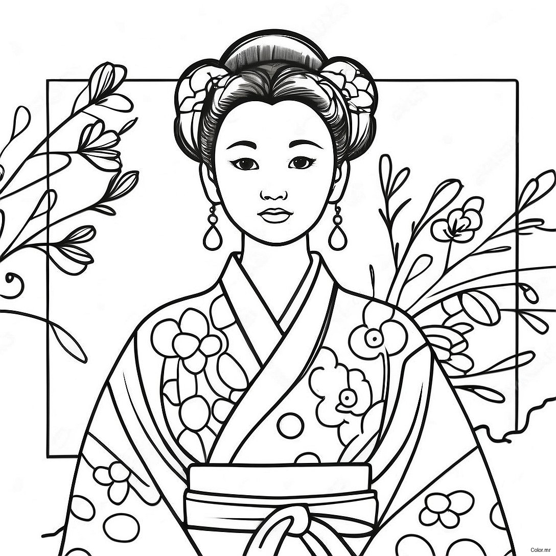 Japanese Girl In Traditional Kimono Coloring Page 49024 40718