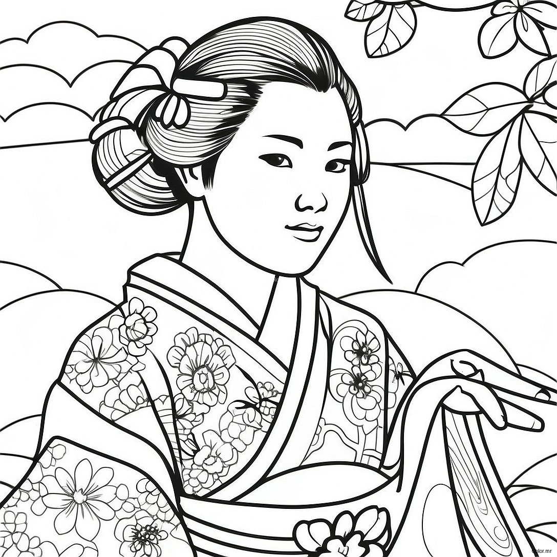 Japanese Girl In Traditional Kimono Coloring Page 49024 40720