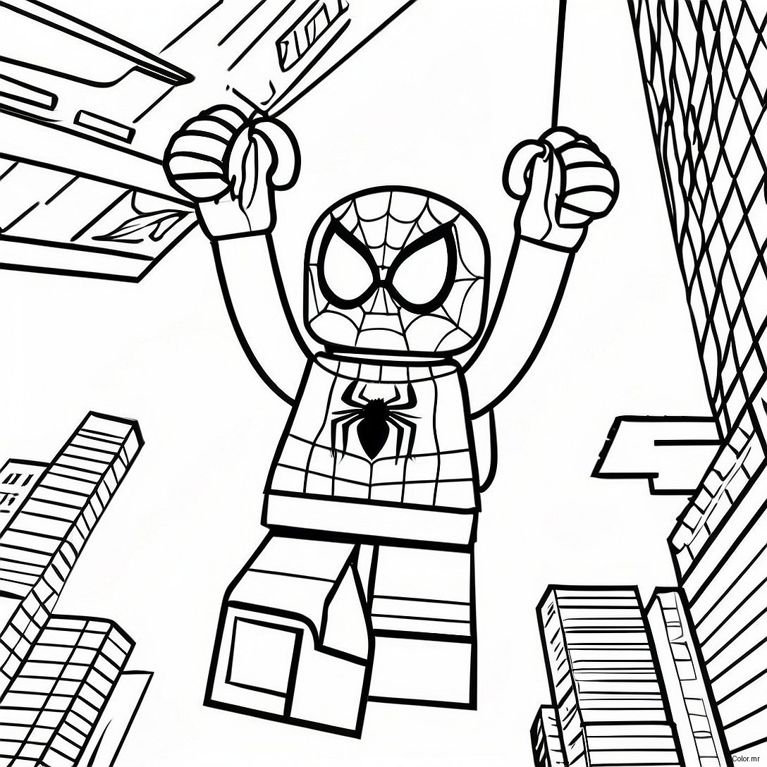Lego Spiderman Swinging Through City Coloring Page 15260 12786