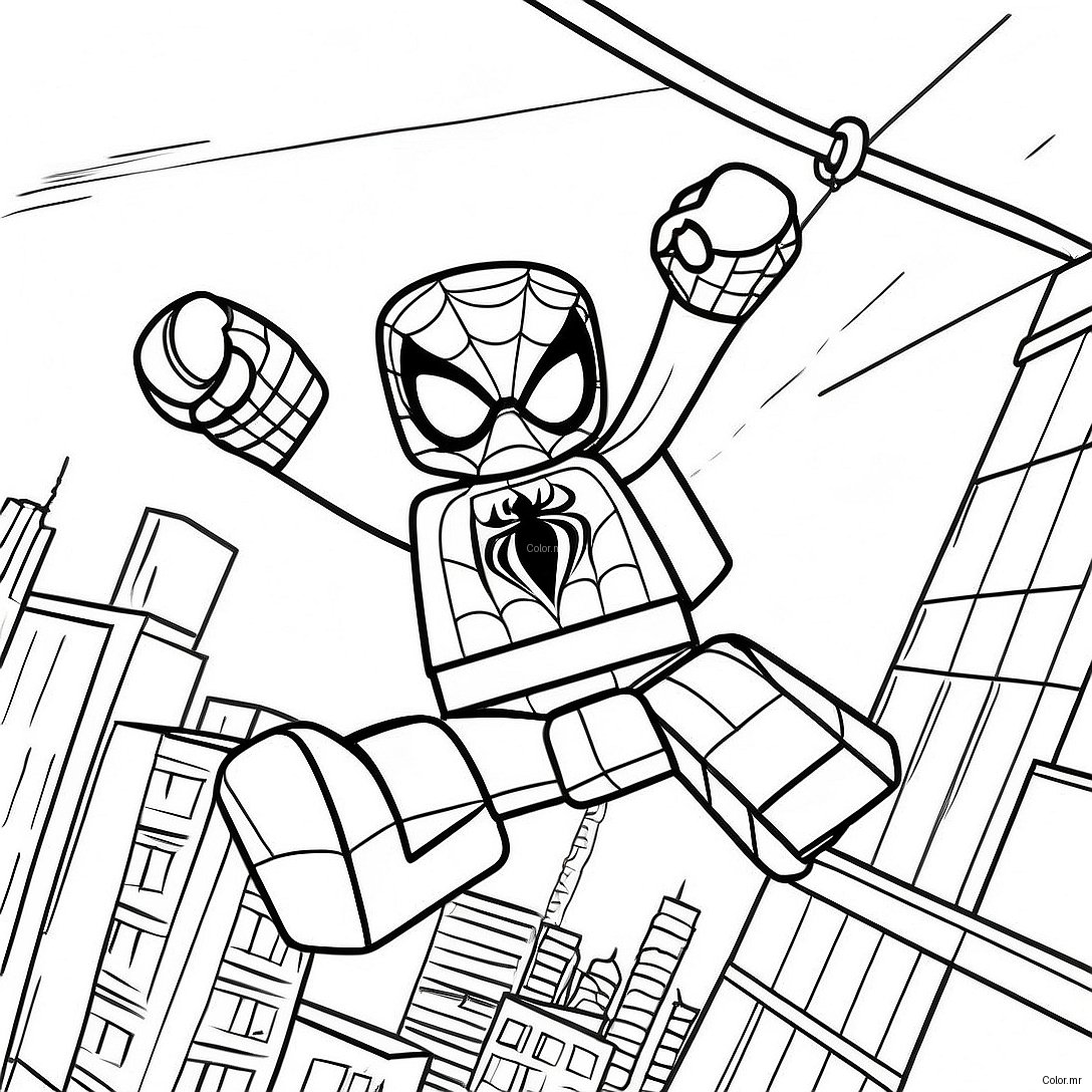 Lego Spiderman Swinging Through City Coloring Page 2362 1936