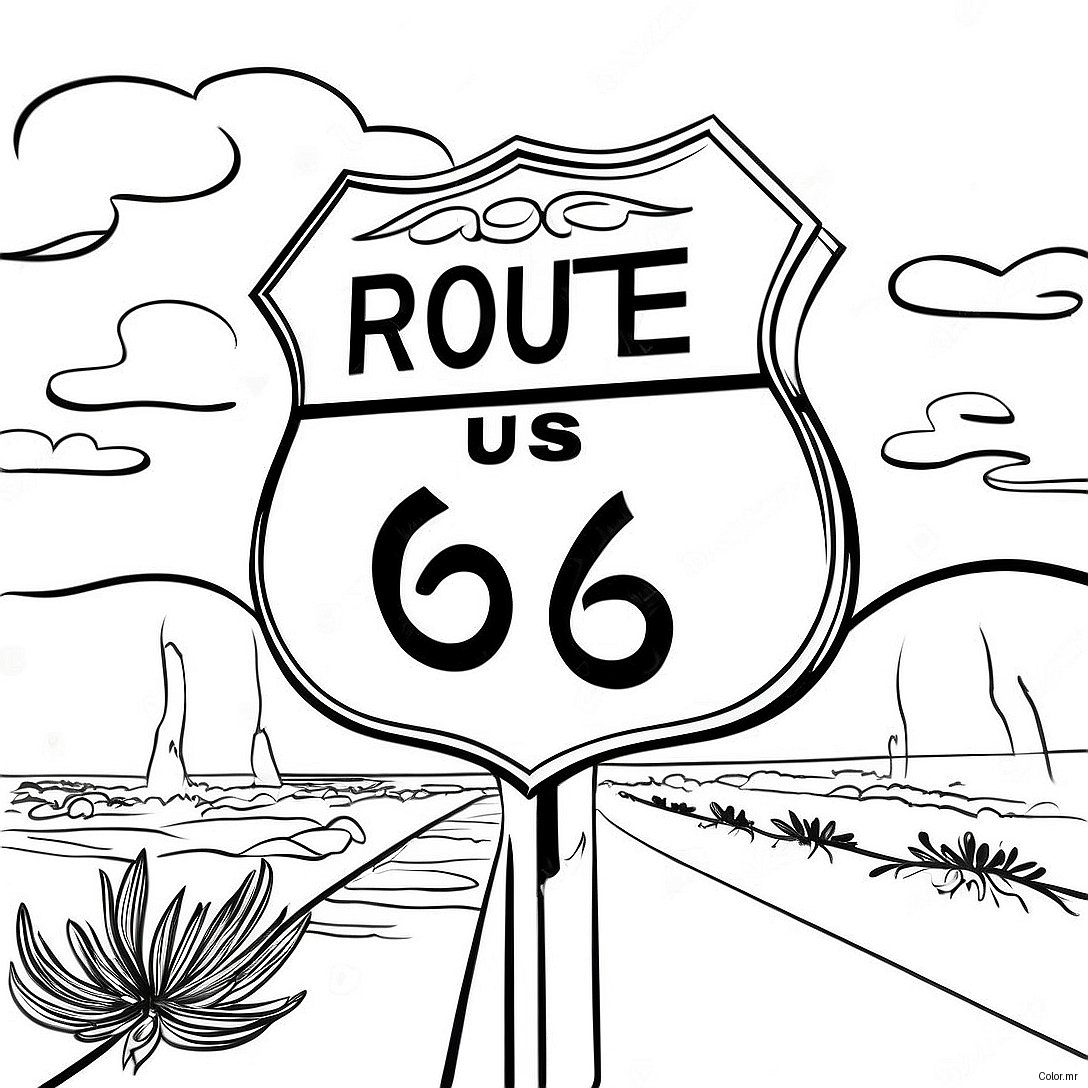 Pagina Para Colorear De Un Cartel Vintage De La Ruta 66 64631 53426