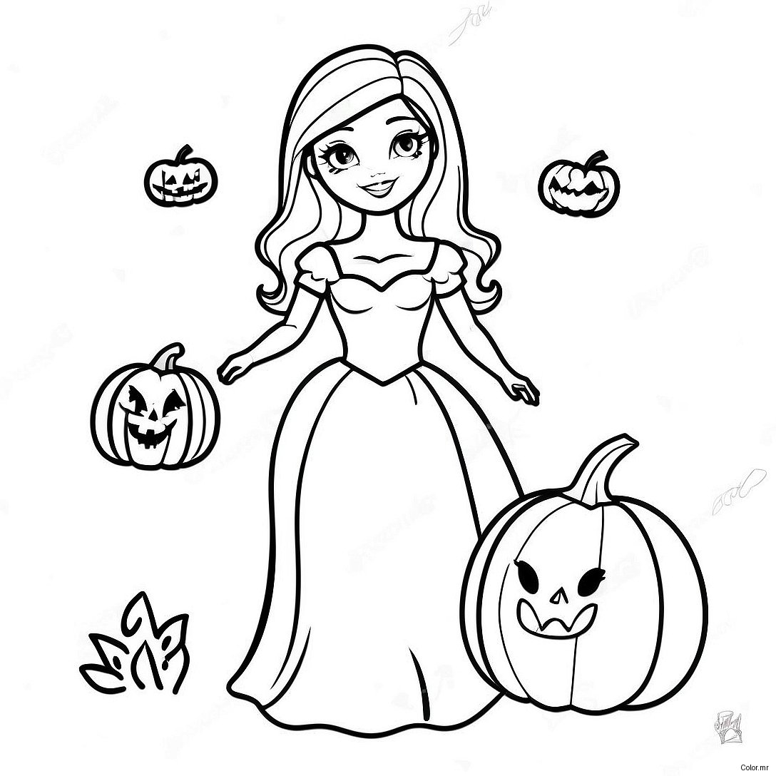 Spooky Halloween Barbie With Pumpkin Coloring Page 28055 25478