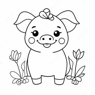 Pagina Para Colorear De Cerdito Kawaii Adorable Con Flores 25296-23129