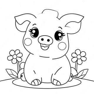 Pagina Para Colorear De Cerdito Kawaii Adorable Con Flores 25296-23130