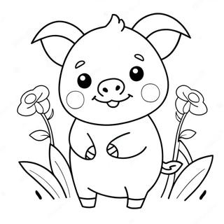 Pagina Para Colorear De Cerdito Kawaii Adorable Con Flores 25296-23131