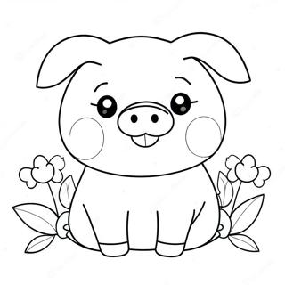 Pagina Para Colorear De Cerdito Kawaii Adorable Con Flores 25296-23132