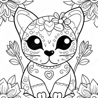 Pagina Para Colorear De Gato De Calavera De Azucar Colorido Con Flores 56822-47221