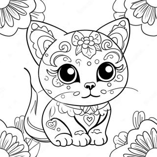 Pagina Para Colorear De Gato De Calavera De Azucar Colorido Con Flores 56822-47222