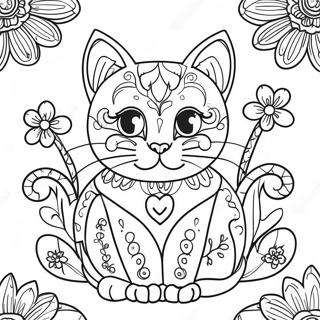 Pagina Para Colorear De Gato De Calavera De Azucar Colorido Con Flores 56822-47223