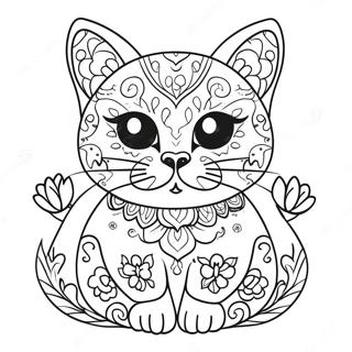 Pagina Para Colorear De Gato De Calavera De Azucar Colorido Con Flores 56822-47224