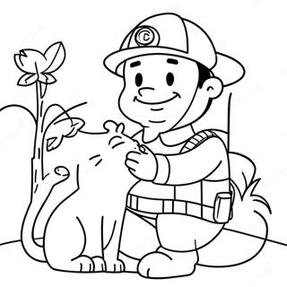 Pagina Para Colorear De Un Bombero Amigable Salvando Un Gato 592-473