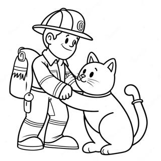 Pagina Para Colorear De Un Bombero Amigable Salvando Un Gato 592-475