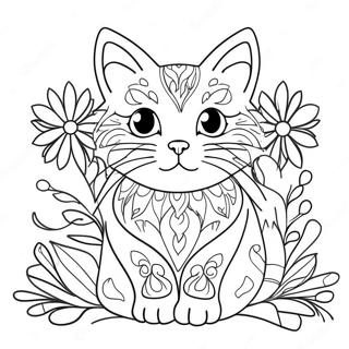 Gato Con Flores Coloridas Pagina Para Colorear 61576-51038