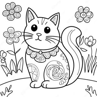 Gato Jugueton Rodeado De Flores En Flor Pagina Para Colorear 61577-51047